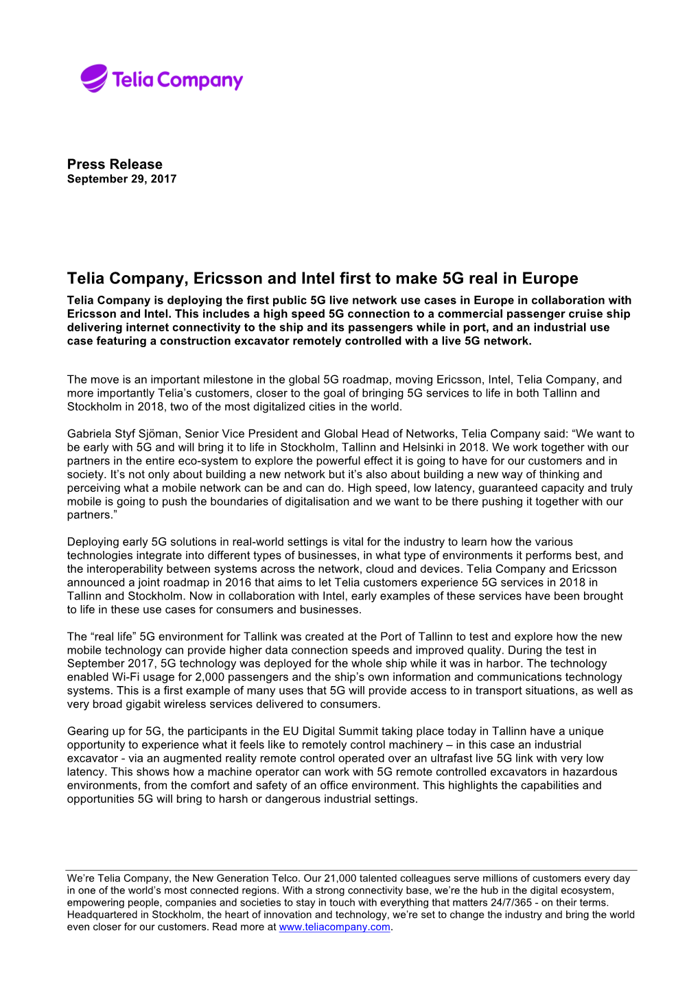 Telia Company, Ericsson and Intel First to Make 5G Real in Europe