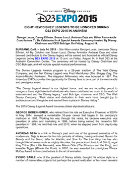 Eight New Disney Legends to Be Honored During D23 Expo 2015 in Anaheim