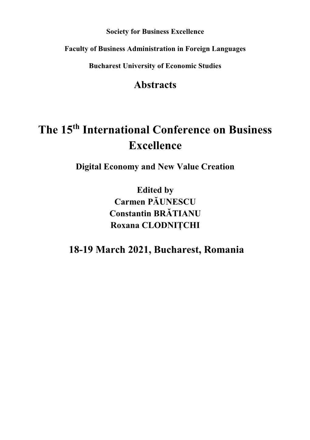 The 15Th International Conference on Business Excellence