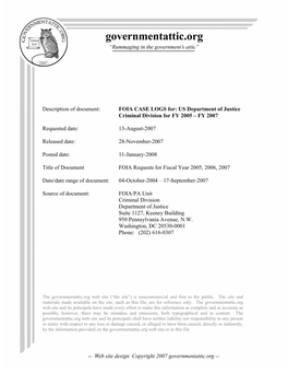 FOIA Logs for US Department of Justice Criminal Division for FY 2005