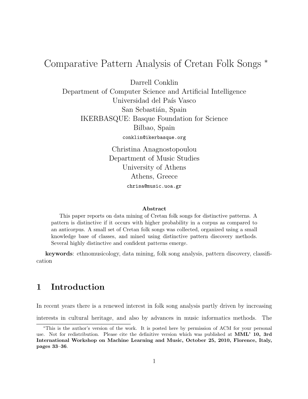 Comparative Pattern Analysis of Cretan Folk Songs ∗