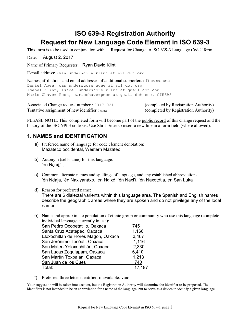 ISO 639-3 New Code Request