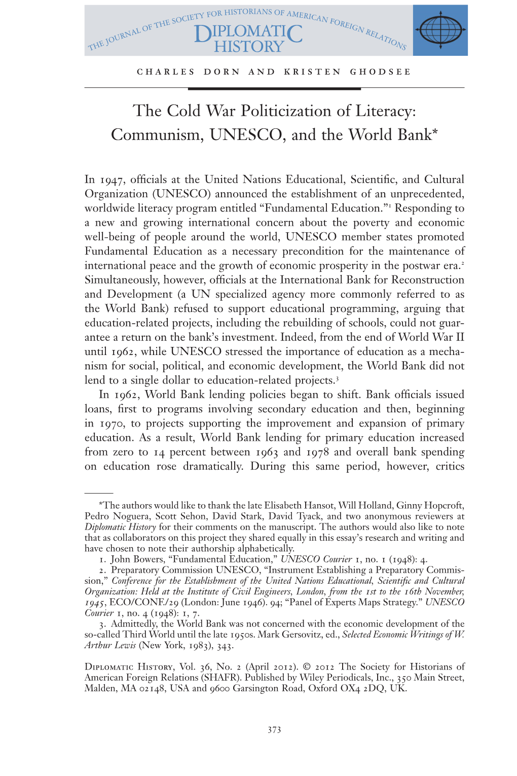 The Cold War Politicization of Literacy: Communism, UNESCO, and the World Bank*