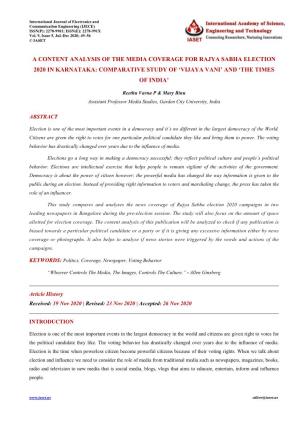 A Content Analysis of the Media Coverage for Rajya Sabha Election 2020 in Karnataka: Comparative Study of ‘Vijaya Vani’ and ‘The Times of India’