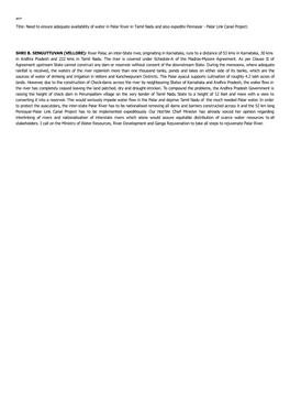 Need to Ensure Adequate Availability of Water in Palar River in Tamil Nadu and Also Expedite Pennayar - Palar Link Canal Project