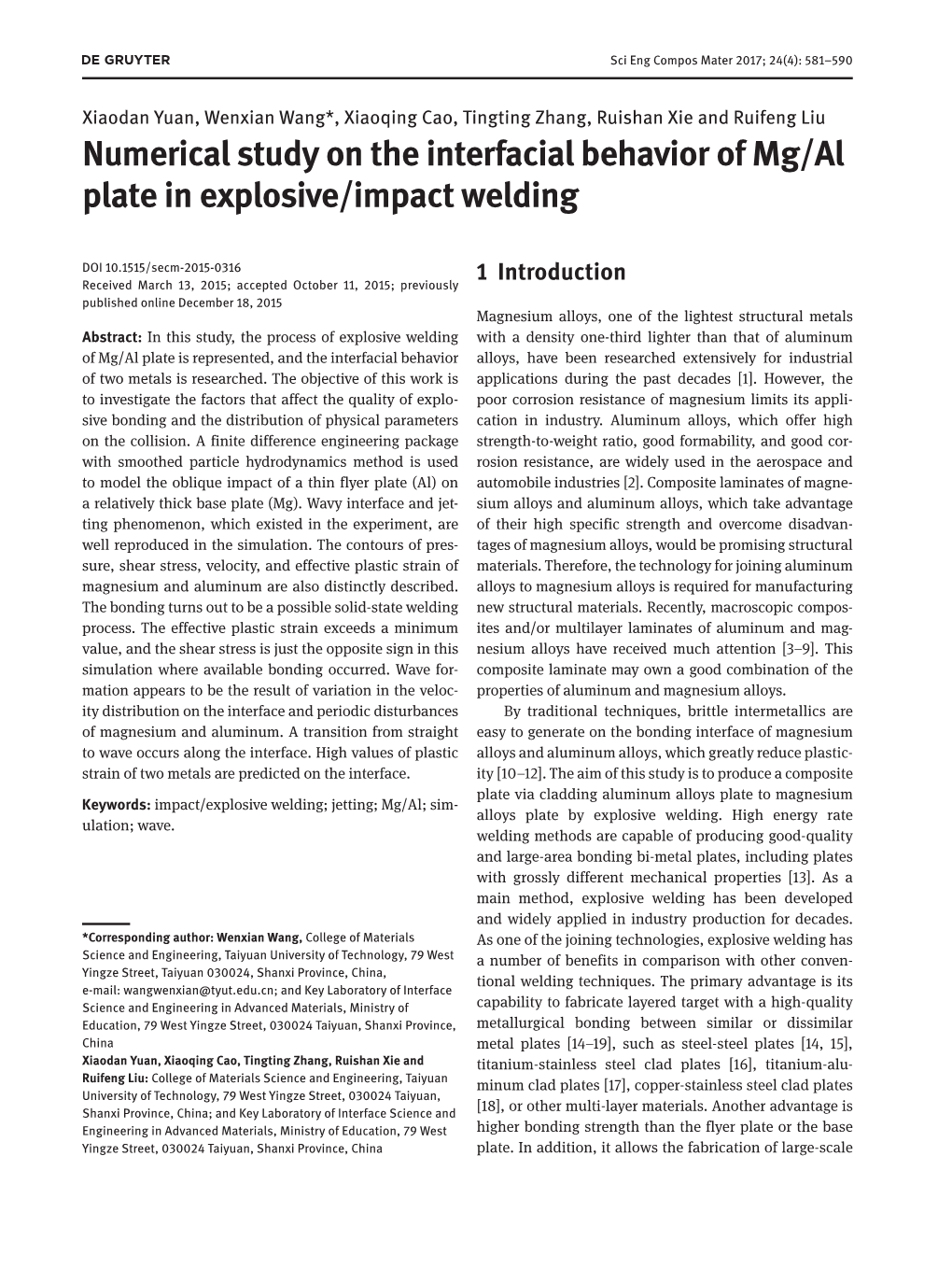 Numerical Study on the Interfacial Behavior of Mg/Al Plate in Explosive/Impact Welding