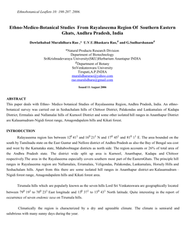 Ethno-Medico-Botanical Studies from Rayalaseema Region of Southern Eastern Ghats, Andhra Pradesh, India