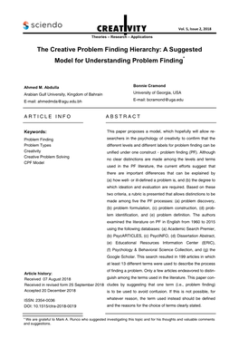 The Creative Problem Finding Hierarchy: a Suggested Model for Understanding Problem Finding*