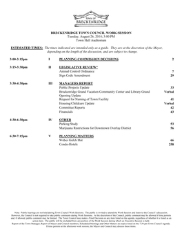 BRECKENRIDGE TOWN COUNCIL WORK SESSION Tuesday, August 26, 2014; 3:00 PM Town Hall Auditorium