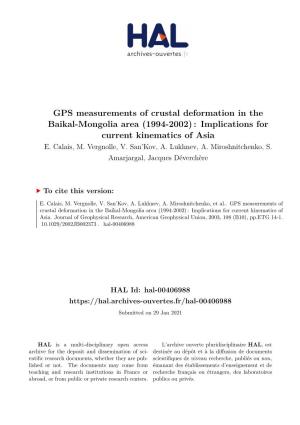 GPS Measurements of Crustal Deformation in the Baikal-Mongolia Area (1994-2002) : Implications for Current Kinematics of Asia E