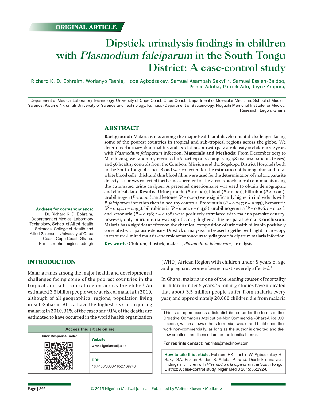 Dipstick Urinalysis Findings in Children with Plasmodium Falciparum in the South Tongu District: a Case-Control Study