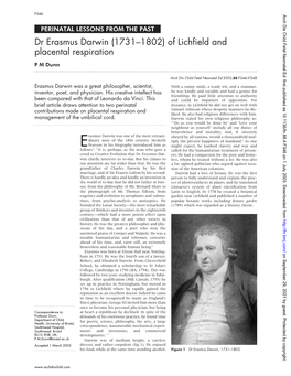 Dr Erasmus Darwin (1731–1802) of Lichfield and Placental Respiration P M Dunn