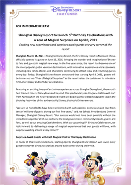 Shanghai Disney Resort to Launch 5Th Birthday Celebrations with A
