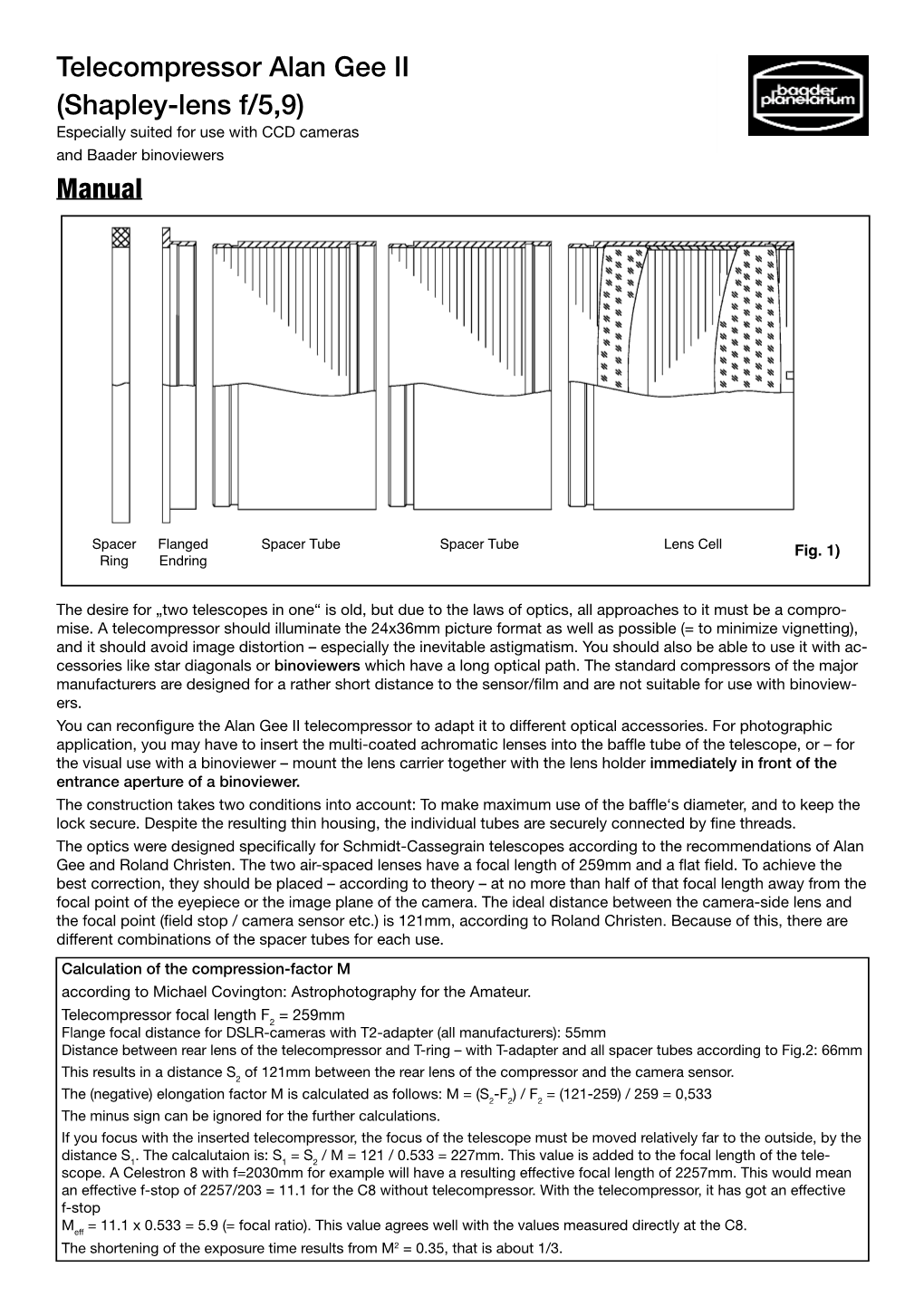 Telecompressor Alan Gee II (Shapley-Lens F/5,9) Manual