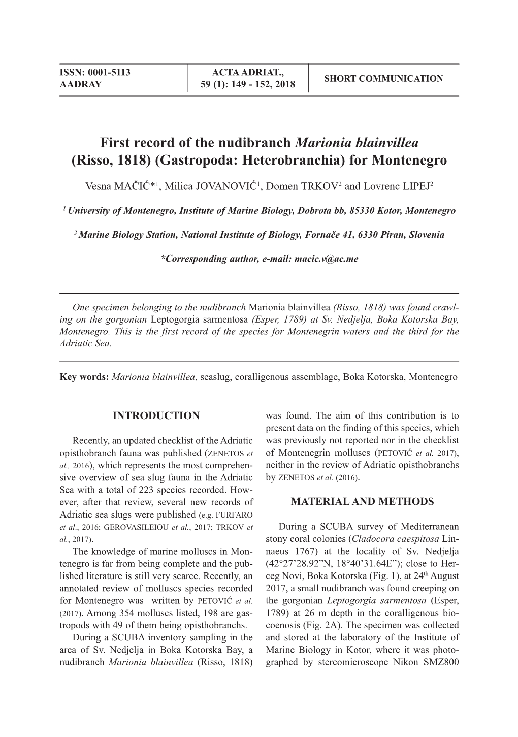 First Record of the Nudibranch Marionia Blainvillea (Risso, 1818) (Gastropoda: Heterobranchia) for Montenegro