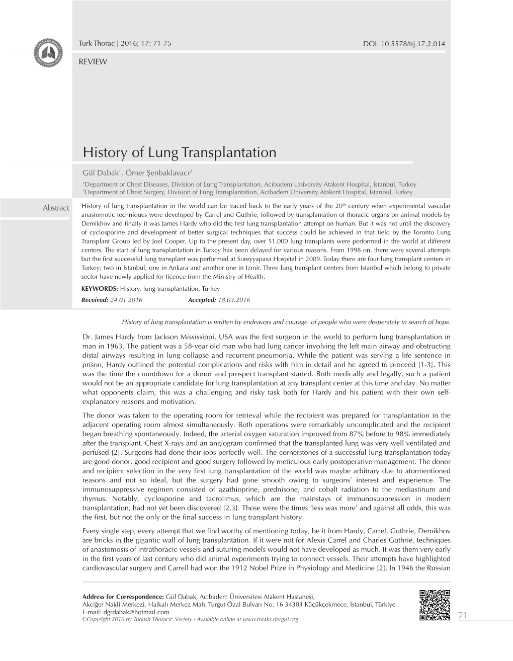 History of Lung Transplantation