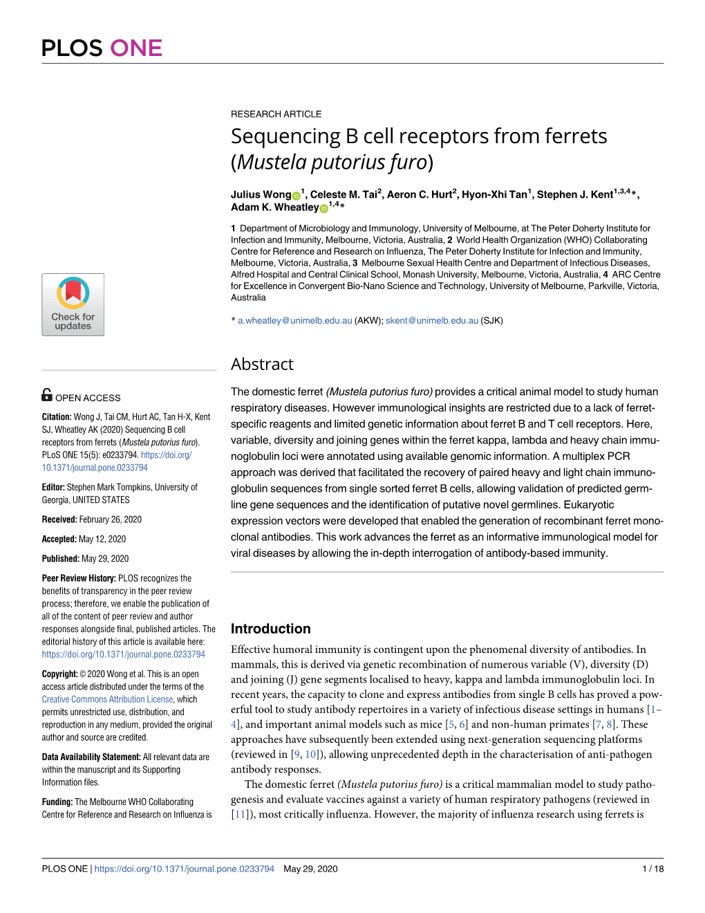 Sequencing B Cell Receptors from Ferrets (Mustela Putorius Furo)