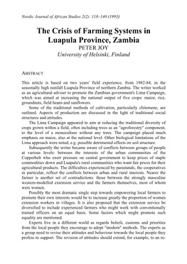 The Crisis of Farming Systems in Luapula Province, Zambia
