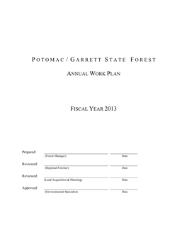 Potomac- Garrett State Forest FY-13 Annual Work Plan
