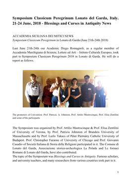 Symposium Classicum Peregrinum Lonato Del Garda, Italy. 21-24 June, 2018 - Blessings and Curses in Antiquity News
