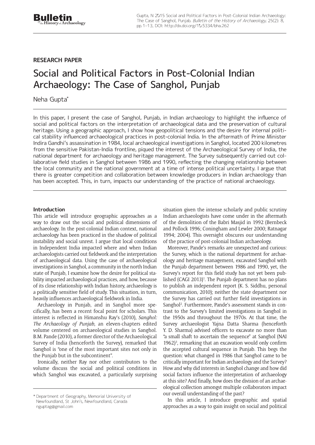 Social and Political Factors in Post-Colonial Indian Archaeology: Bofulletin the Case of Sanghol, Punjab