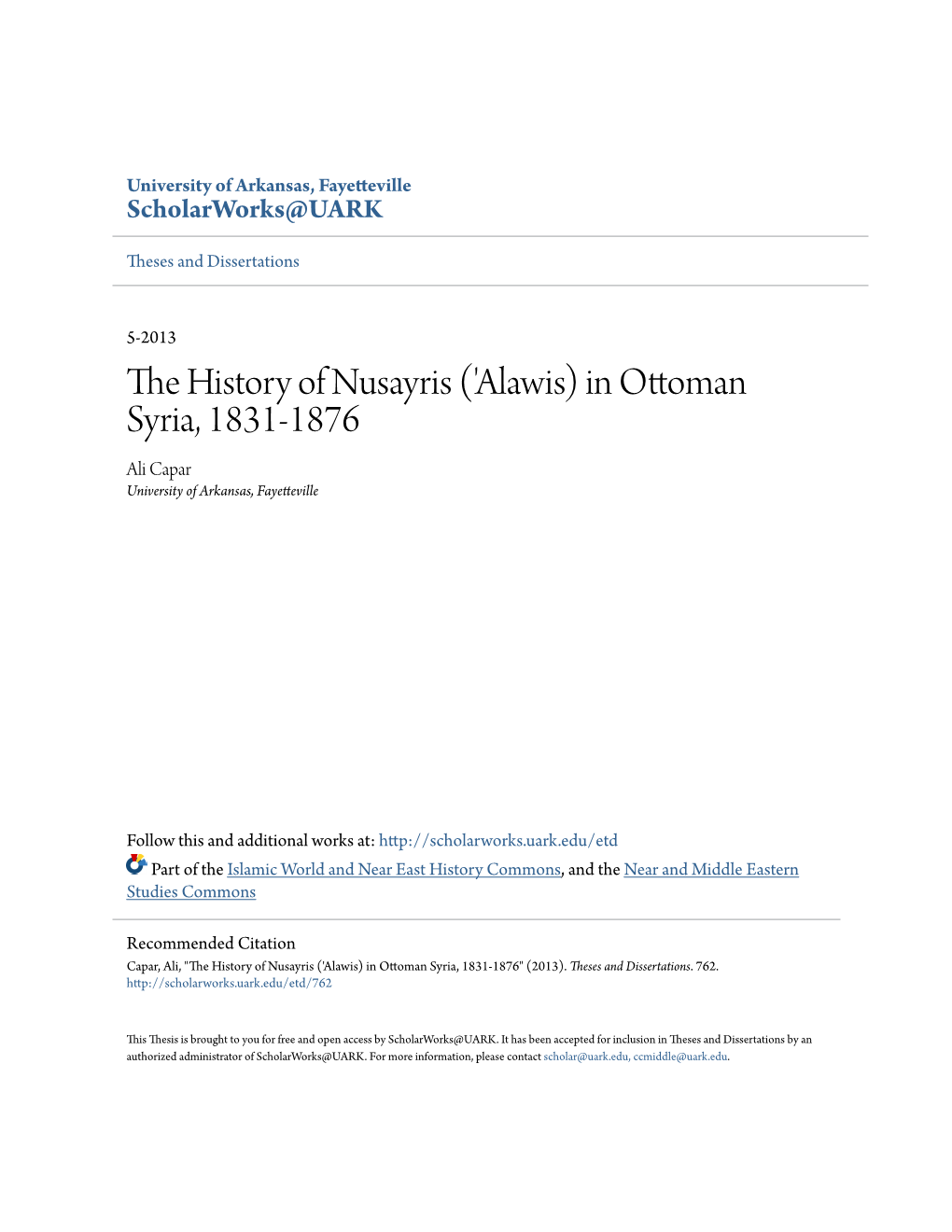 The History of Nusayris ('Alawis) in Ottoman Syria, 1831-1876