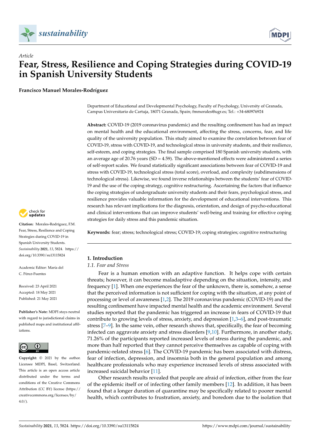 Fear, Stress, Resilience and Coping Strategies During COVID-19 in Spanish University Students