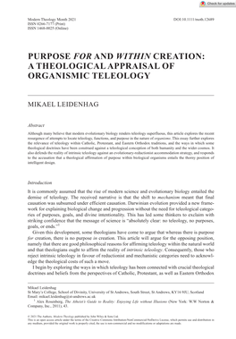 Purpose for and Within Creation: a Theological Appraisal of Organismic Teleology