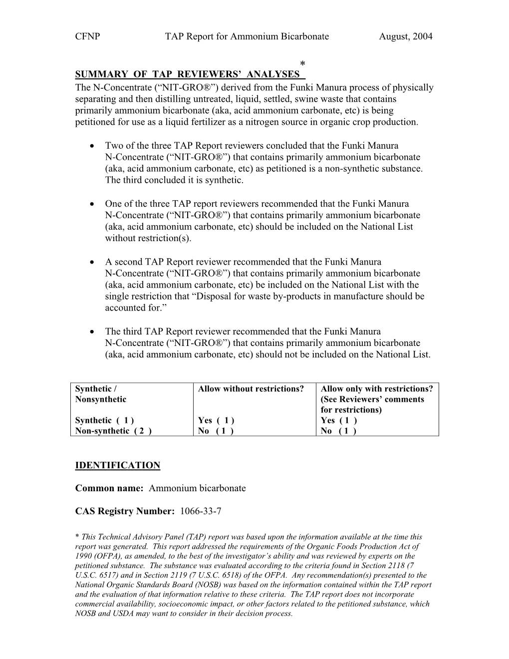CFNP TAP Report for Ammonium Bicarbonate August, 2004