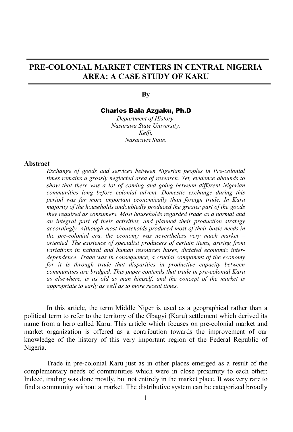 Pre-Colonial Market Centers in Central Nigeria Area: a Case Study of Karu