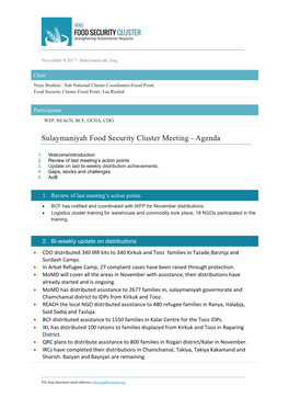Sulaymaniyah Food Security Cluster Meeting - Agenda