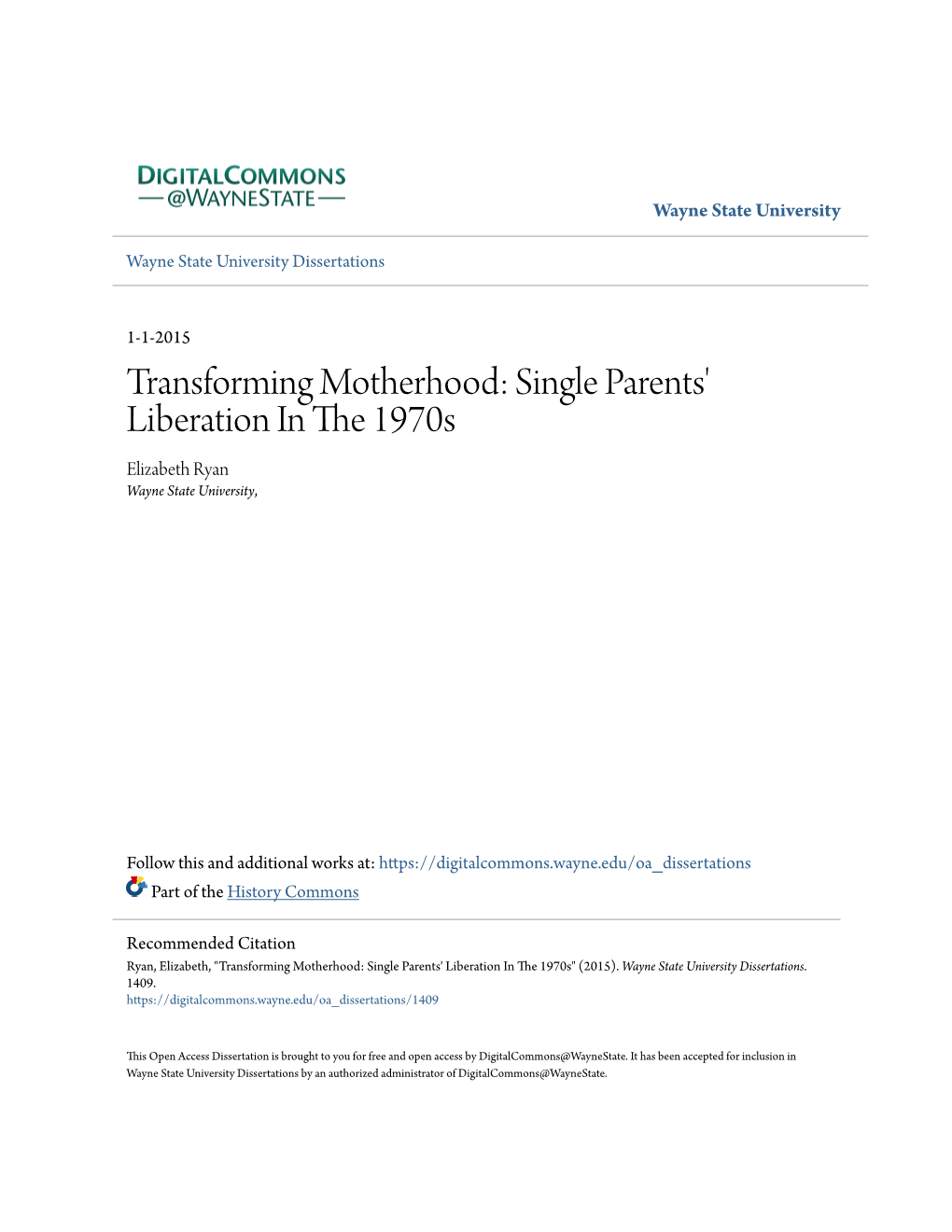 Single Parents' Liberation in the 1970S Elizabeth Ryan Wayne State University