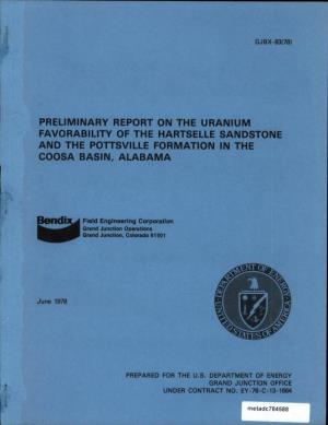 Preliminary Report on the Uranium Favorability of the Hartselle Sandstone and the Pottsville Formation in the Coosa Basin, Alabama