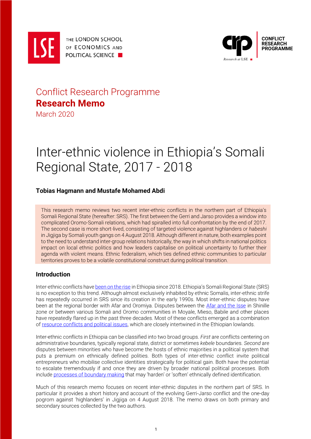 Inter-Ethnic Violence in Ethiopia's Somali Regional State, 2017