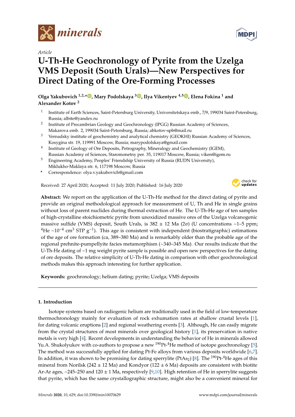 U-Th-He Geochronology of Pyrite from the Uzelga VMS Deposit (South Urals)—New Perspectives for Direct Dating of the Ore-Forming Processes