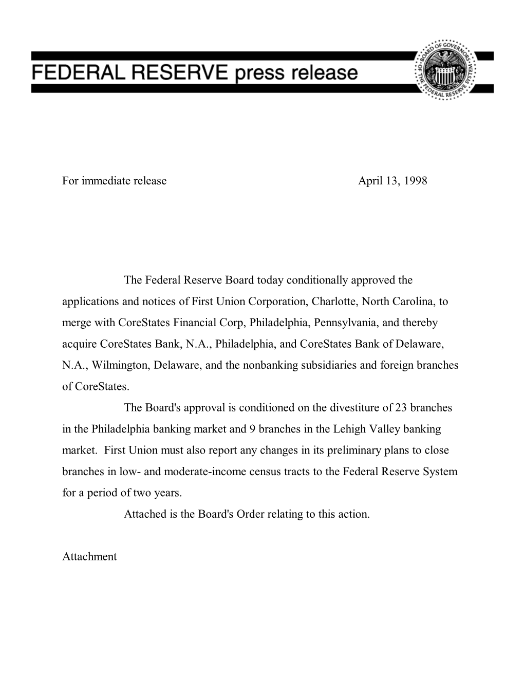 For Immediate Release April 13, 1998