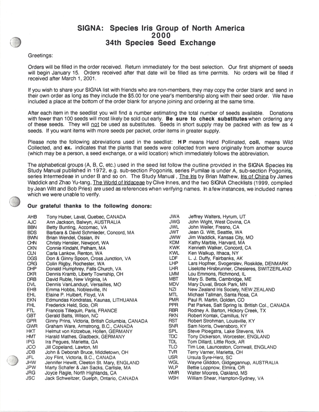 SIGNA: Species Iris Group of North America 2000 34Th Species Seed Exchange