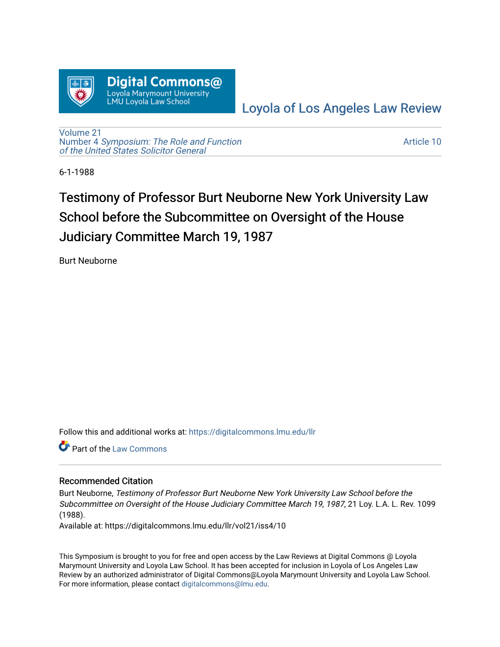 Testimony of Professor Burt Neuborne New York University Law School Before the Subcommittee on Oversight of the House Judiciary Committee March 19, 1987