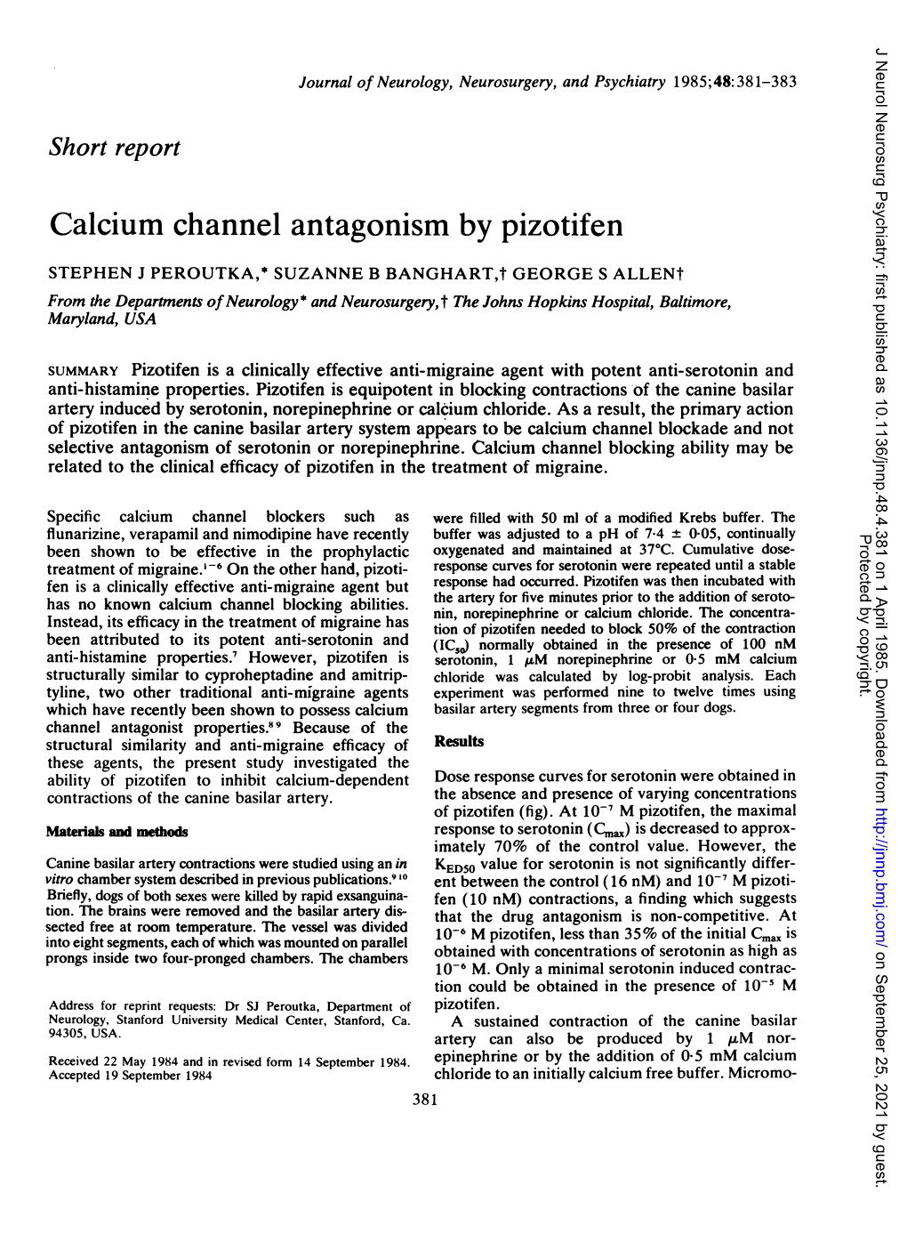Calcium Channel Antagonism by Pizotifen