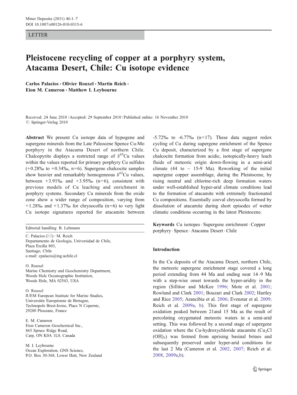 Pleistocene Recycling of Copper at a Porphyry System, Atacama Desert, Chile: Cu Isotope Evidence