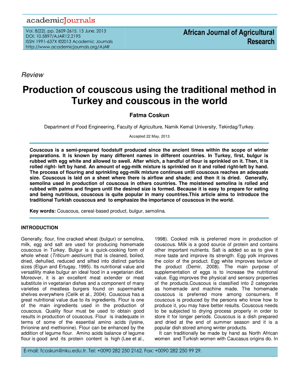 Production of Couscous Using the Traditional Method in Turkey and Couscous in the World