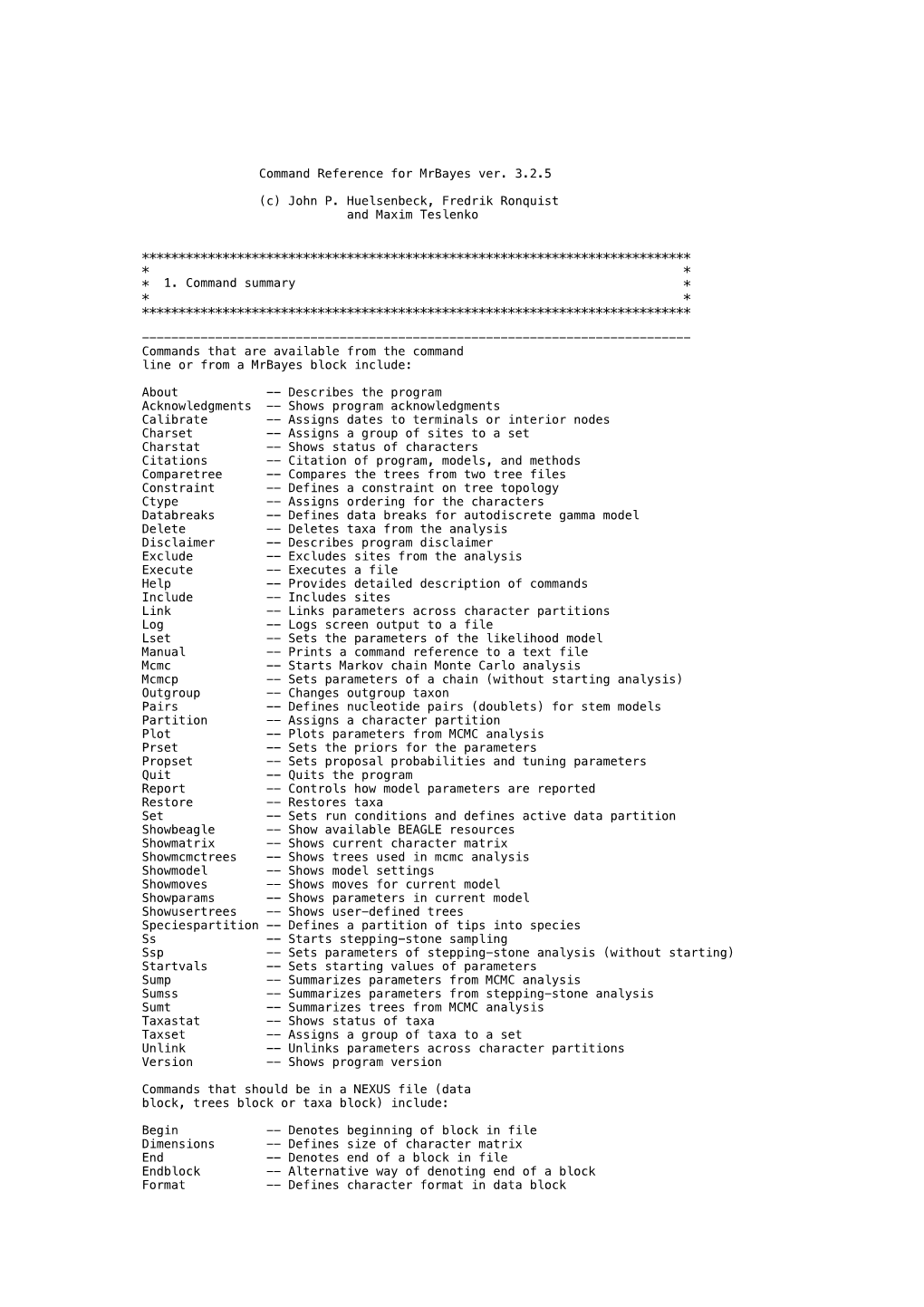 Command Reference for Mrbayes Ver. 3.2.5