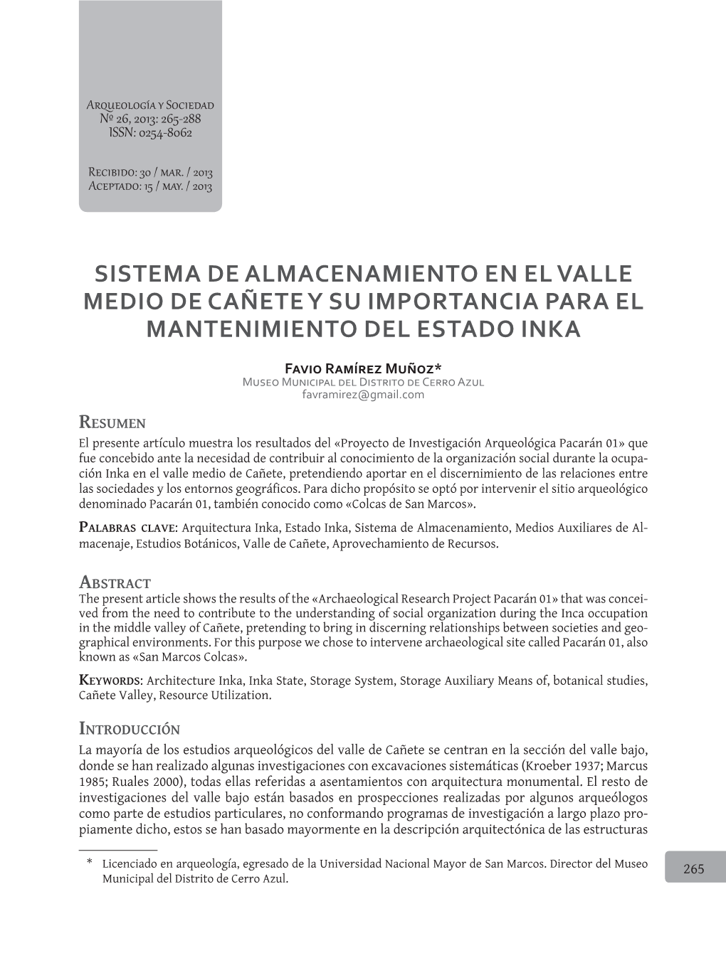 Sistema De Almacenamiento En El Valle Medio De Cañete Y Su Importancia Para El Mantenimiento Del Estado Inka