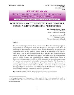 SCEPTICISM ABOUT the KNOWLEDGE of OTHER MINDS: a WITTGENSTEINIAN PERSPECTIVE Dr