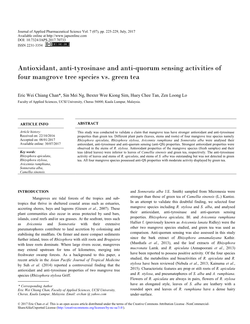 Antioxidant, Anti-Tyrosinase and Anti-Quorum Sensing Activities of Four Mangrove Tree Species Vs