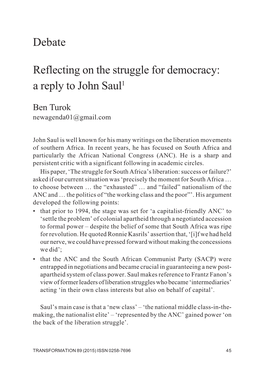 Reflecting on the Struggle for Democracy: a Reply to John Saul1