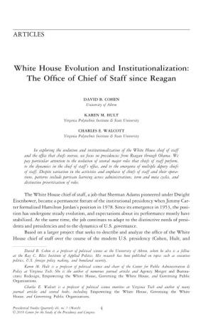 White House Evolution and Institutionalization: the Ofﬁce of Chief of Staff Since Reagan