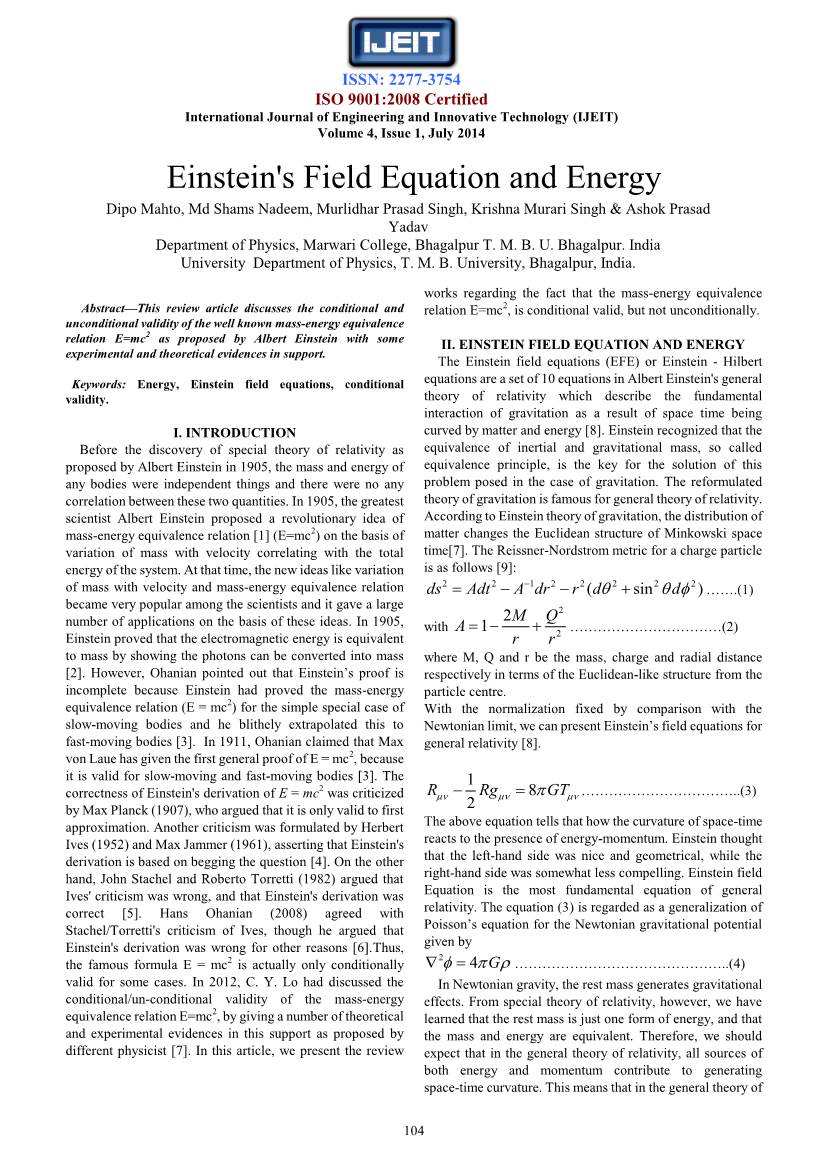 Einstein's Field Equation and Energy