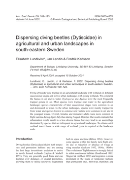 Dispersing Diving Beetles (Dytiscidae) in Agricultural and Urban Landscapes in South-Eastern Sweden