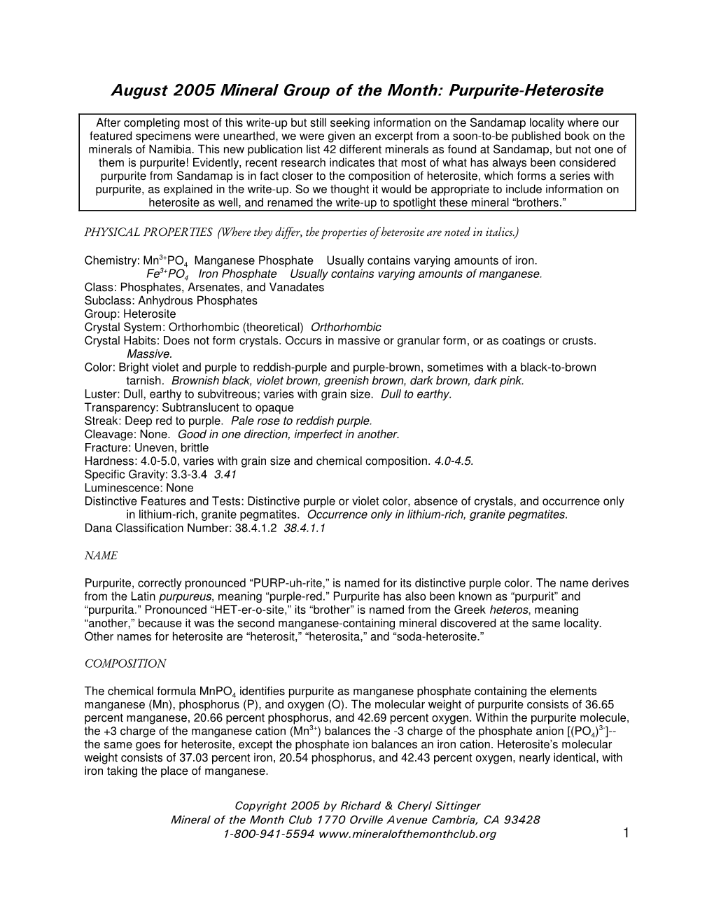 August 2004 Minera/ Group of the Month: Purpurite,Geterosite